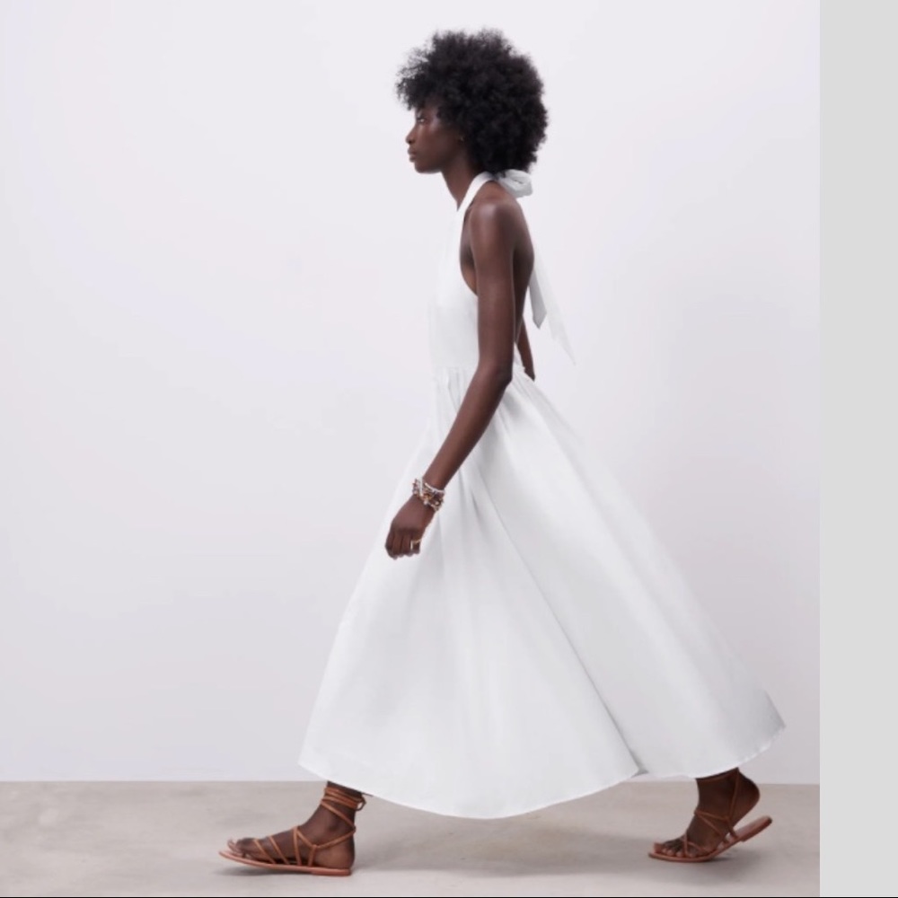 Zara Poplin Tie Halter Neck Midi Dress White Wedding Capsule Closet XL NWT - Picture 3 of 16